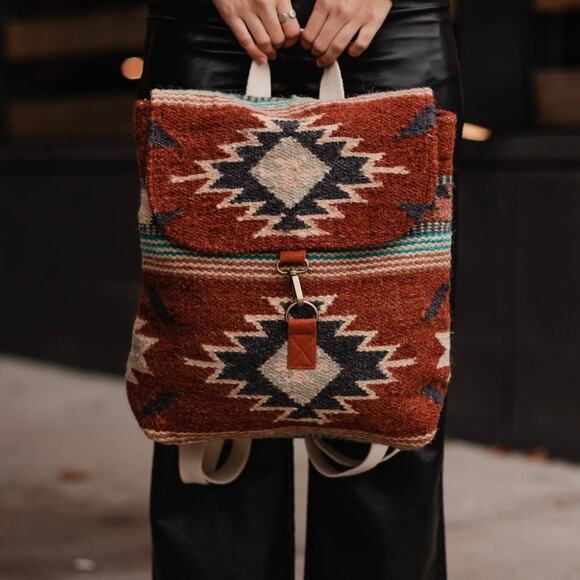 Rust, Brown, Tan, Turquoise Western Southwest Aztec Wool and Cotton Backpack - Picture 4 of 4